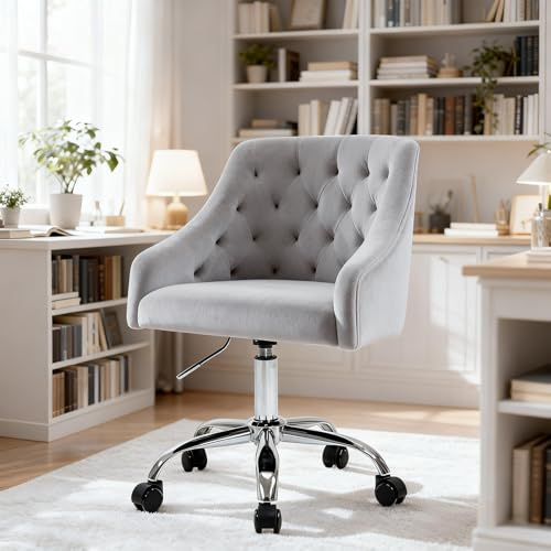 Fiximaster Homeoffice Bürostuhl aus Samt, ergonomischer Schreibtischstuhl höhenverstellbar, Drehstuhl mit Rollen & Metall Beinen, moderner Schminktischstuhl für Arbeitszimmer (Grau)