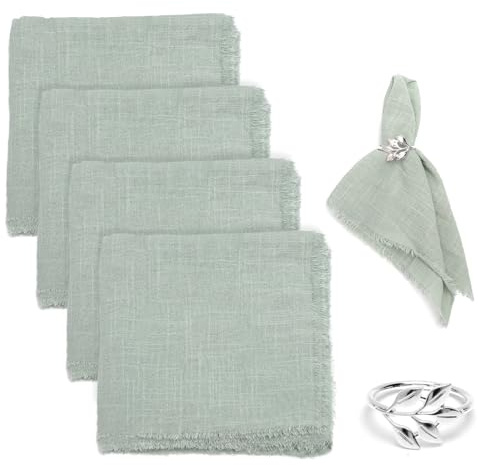 TNSLAND 4 Stück Stoffservietten 42 X 42 cm Baumwolle Servietten Stoff Waschbare Tischservietten Stoffservietten Grün mit Fransen für Hochzeit Restaurant Geburtstag Tischdekoration mit Serviettenringe