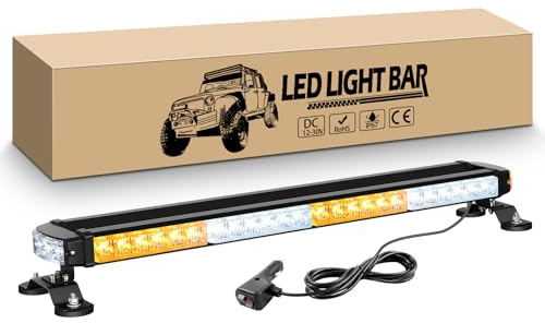 RIGIDON Barre Lumineuse Clignotante Stroboscopique à LED, 26 67 cm 54LED | Ambre/Blanc, 12V 24V Avertissement Clignotant d'urgence Chasse Rampe Magnetique Led pour Voiture Véhicule Camion Remorque