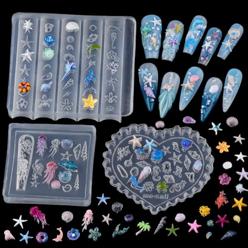3 Pcs Ocean Silicone Nail Molds, 3D Sea Shell Starfish Dolphin Nail Art Mold, Beach Theme Designs Carving Template for 3D Gel Nail Charms, Manicure Decoration Tools for Women DIY Summer Nails