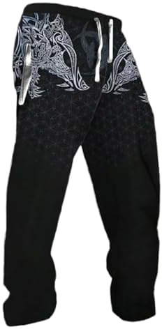 Generisch Viking Trousers for Men Retro Nordic Mythology Viking 3D Print Drawstring Elastic Waist Trousers Jogger Trousers Winter Leisure Trousers with Pattern Comfortable Everyday Fashion Streetwear