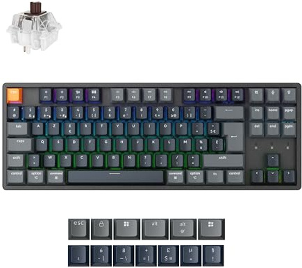 Keychron K8 Version 2 Clavier Mécanique sans Fil Personnalisé, 80% FR-ISO Layout, Programmable QMK, Bluetooth 5.2/Filaire, Rétroéclairage RGB, pour Mac, Windows et Linux - Switch Marron