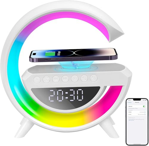 Jimhaby Alarm Clock with Wireless Charging,G Shape Induction Bedside Lamp, 15W Bluetooth Speaker with Ambient Lighting Synced to Music,LED Table Lamps, for Bedroom/Camping/Living Room Decor