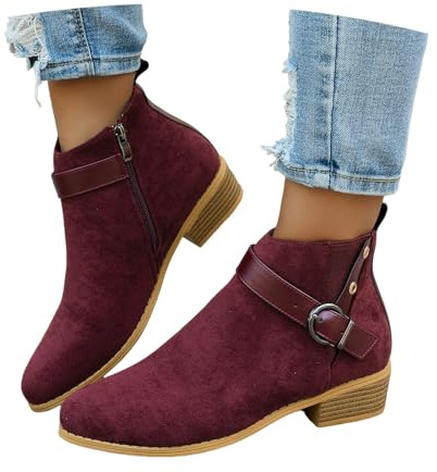 Plus Size Ankelstövlar for Kvinnor Eleganta Chelsea-ankelboots Höst/Vinter Retro Spetsiga Korta Stövlar Mockastövlar Med Metallspänne,Dam Ankelskor for Kontor/fest(Red,42 EU)