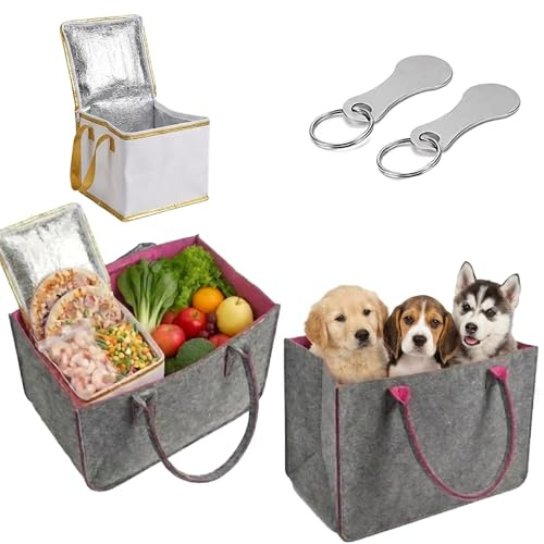 2 Stück Filztasche Groß 30L Faltbar Einkaufskorb Filz Kaminholztasche mit Wiederverwendbarer Alu-Isoliertasche & Einkaufswagenchip – Shopper für Einkaufen, Reisen, Arbeit, Picknick(Lila)