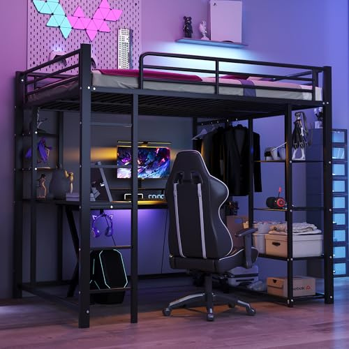 vutizal Hochbett 140x200 cm Schwarz mit Schreibtisch und Schrank | Stauraumbett für Jugendzimmer & Gästezimmer | Robustes Metallbett mit Sicherheitsleiter | Einfacher Aufbau
