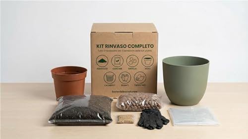 I GIARDINI DI GIULIA - Kit Rinvaso completo per Piante da Interno con Coprivaso Design 15cm, Terriccio, Concime e Guanti - Facile da Usare (Vaso verde rosmarino)