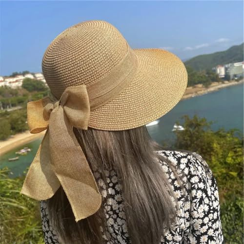 CHENWEIHAI Sonnenhut Strohhut Hut Big Bowknot Strohhut Für Damen Lady Mit Breitem Rand Faltbare Retro Farb Sonnencreme Panama Cap Outdoor Strandtour Visier Mütze (EIN Größe/A Khaki)