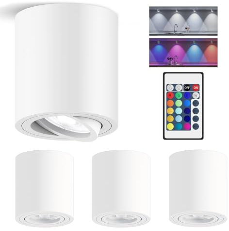 HORUMP 4x LED Aufbauspot RGBW & Dimmbar, Deckenspot mit GU10 Fassung | Deckenstrahler 30°Schwenkbar 230V 6W RGB Kaltweiß 6500K, Aufbaustrahler mit Fernbedienung Aluminium Aufputz Spots, Rund Weiß