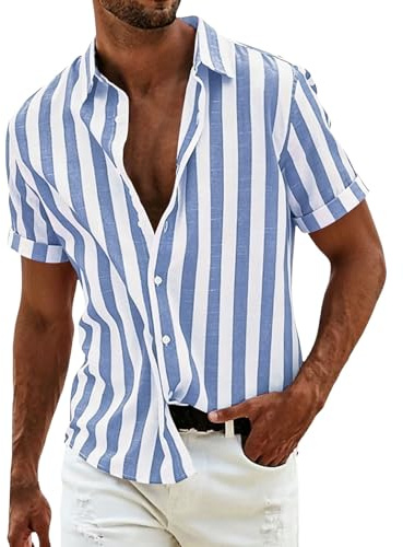 CHUNOTU Chemise rayée pour homme adulte classique à rayures verticales boutonnées à manches courtes pour le travail et les fêtes formelles