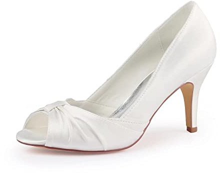 Emily brud elfenben bröllopsskor öppen högklackade pumps slip-on brudskor
