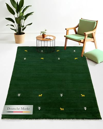 carpetfine Wollteppich Gabbeh Uni Grün 120x170 cm | Moderner Teppich für Wohn- und Schlafzimmer