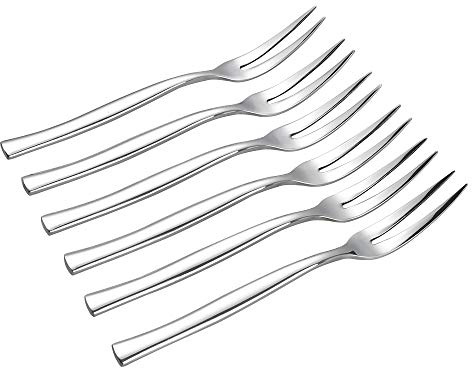 Qqbine Stainelss Steel Two Prong Mini Meat Fork Fruit Tasting Forks, 6 Pieces