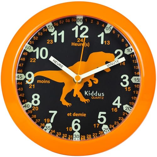 Kiddus Horloge Murale Éducative pour Enfants, Garçon, Fille. Time Teacher Analogique avec Exercices. Mécanisme en Quartz Silencieux. FRANÇAIS Dino