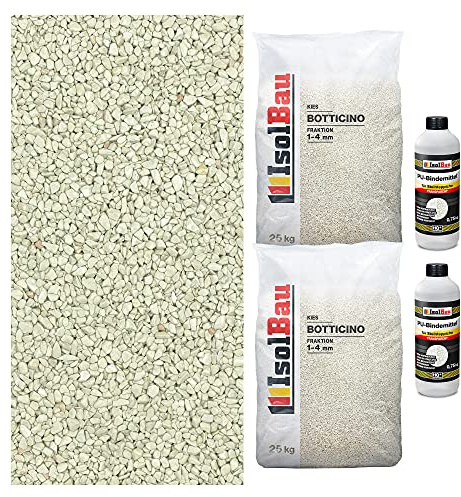 Isolbau Steinteppich Aussen Komplettset Marmorkies 50kg + Bindemittel bis 5m² Botticino 1/4mm Epoxidharz Terassenboden Natursteinboden Marmorkies Bodenbelag Steinboden, Marmorstein Innen Außen