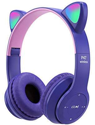Casque de jeu sans fil Bluetooth 5.0 pliable avec oreilles de chat pour enfants et adultes, microphone intégré confortable avec suppression du bruit (violet)