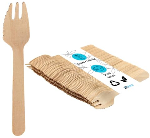 Enpack - 1000 Stück Einweg Gabeln + Messer in einem aus Holz 135mm - umweltfreundliches Partybesteck - Nachhaltiges Einwegbesteck - Für Kuchen oder Snacks - Kuchengabel