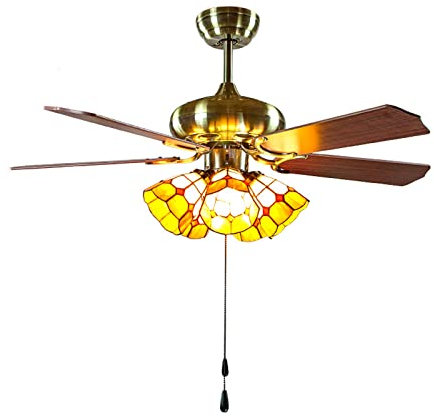 Ventilatore Da Soffitto A LED Vintage Con Luci E Telecomando Ventilatore Da Soffitto Con Luci Ventilatore Dimmerabile Lampadario Stile Tiffany 5 Lame in Legno E Paralume in Vetro Soggiorno,4 heads