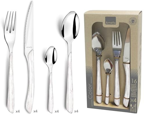 AMEFA - Tafelbesteck 16-teilig für 4 Personen – Eclat Nature – Edelstahl 18/0, glänzende Oberfläche – Holz weiß
