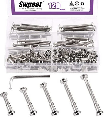 Swpeet 120Pcs M6x35mm/45mm/55mm/65mm/75mm Nickel Plated Sliver Hex Drive Socket Cap Bolts Barrel Nuts Kit with 1Pcs Allen Wrench, Screw Post Fit for Furniture Countsunk Belt Leather Binding Bolts