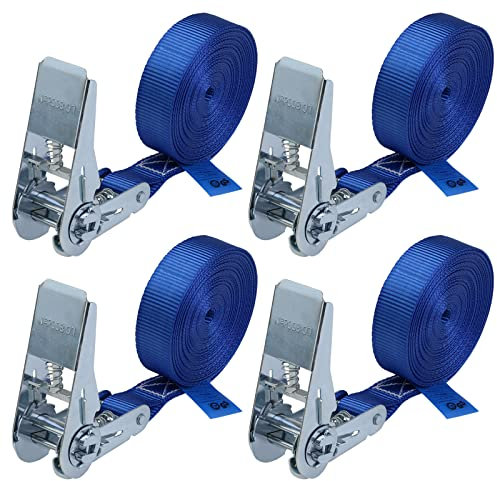 Lashing strap with ratchet 4 pack ratchet tie down straps tensioning belts heavy duty adjustable blue 4 m or 6 m, wide 25 mm - loadable up to 800 kg DIN EN 12195-2, 4 pieces 2.5 cm x 6 m
