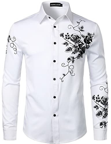 PARKLEES Men's Hipster Rose Floral Print Design Slim Fit Long Sleeve Button Up Party Dress Shirt White Black M