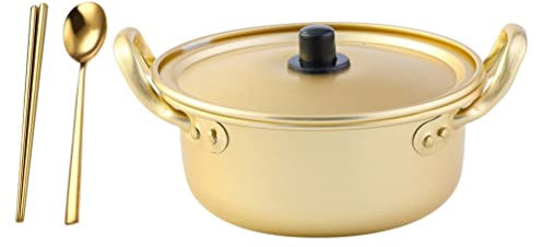DOITOOL Korean Ramen Pot Ramen- Kocher Aluminium Topf Ramyun Pot mit Deckellöffel Und Essstäbchenkochgeschirr zum Kochen von Suppe Pasta Golden 18 cm