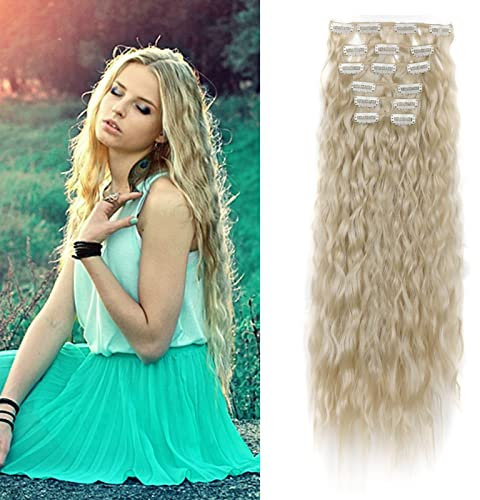 Cybelleza 50cm Extension Capelli Clip Mossi 6PCS Extension a Clip Posticci per Capelli Sintetici Ondulati Naturale Clip in Hair Extensions Ricci per Donna, Biondo Platino
