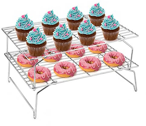 Herogo Cooling Rack, 2-Tier Stainless Steel Stackable Wire Rack with Collapsible Legs for Baking Cooling Roasting Grilling, Great for Biscuits, Cake, Bread, Cookies, 38x26 cm, Oven & Dishwasher Safe