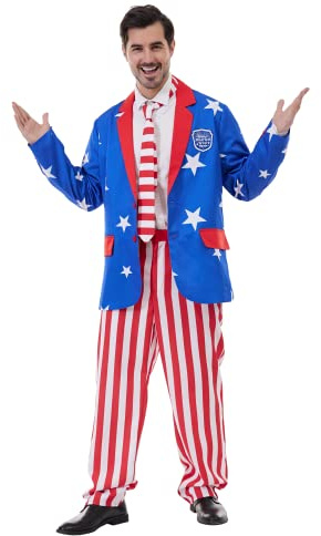 ReneeCho USA Flag Costume Suit Set Men Uncle Sam Costume Patriotic Party 4th July American Independence Day Jacket Pants Blue
