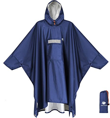 ANYOO Leichter Wasserdichter Regenponcho Regenjacken mit Ärmeln Belüftet Mehrzweck Regenmantel mit Kapuze Faltbare Schutzdecke Unterschlupf Plane für im Freien Camping Wandern,Dunkelblau