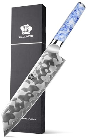 WILDMOK 7 Schicht 10Cr15CoMoV Clad Stahl Kiritsuke-Messer 21,5 cm, ergonomischer blau-weißer Porzellanmuster Harzgriff, japanisches Küchenmesser, ultrascharfes doppelseitiges Kochmesser Qing-Serie