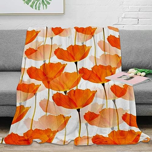 Kuscheldecke 80 x 150 cm 3D Mohnblumen Flanell Fleecedecke, Weich Warm Flauschig Decke Orange Wohndecke Decken für Sofadecke Couchdecke kuscheldecken für Kinder Erwachsene, Blanket