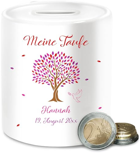 Spardose - Meine Taufe Lebensbaum mit Name personalisiert I Taufgeschenk Mädchen Taufgeschenke Patenkind - Unisize - Weiß - Kommunion geldgeschenk Geschenke firmung konfirmation Taufe￼ spardosen