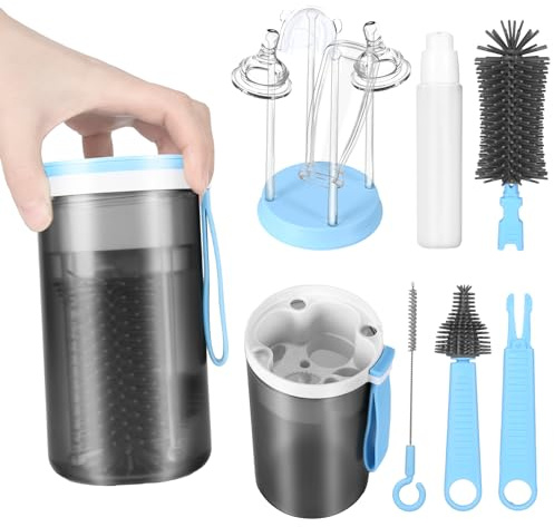 Multi-Use Baby Feeding Cleaner Kit | 6-in-1 Portable Set with Silicone Scrubber, Dust Cap & Stand | Deep Cleans Nipples/Straws/Bottles | Home Travel Must-Have for New Mums
