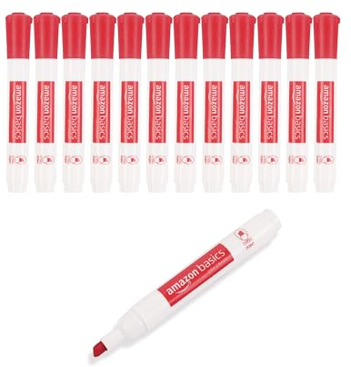 Amazon Basics Whiteboardpenna, nästan luktfri, med kilspets, torkas av torrt, röd, 12 st.