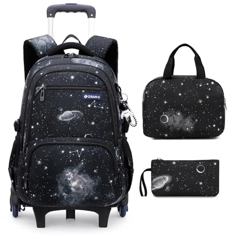 Amythe Cartable à Roulette Garçon Fille, 3pcs Sac Ecole Trolley Bag Détachable, Sac à Dos Cabine Voyage Enfant avec Sac à Déjeuner et Trousse, Galaxy Noir, Grand, 32x19x48cm