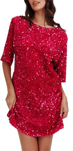 YILEEGOO Damen Paillettenkleid, lockeres, funkelnde langes T-Shirt-Kleid, hinten Bindung, Glitzer-Minikleid, Party- und Club-Kurzkleid, rot, L
