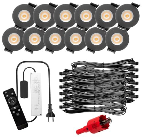 S-Polytec PREMIUM Mini LED- Einbauspots Warmweiss 3.000K, DIMMBAR, IP65, FUNK 3W Einbaustrahler Terrassenüberdachung, Bad, Sauna mit Fernbedienung (ANTHRAZIT, 12x LED-SET)