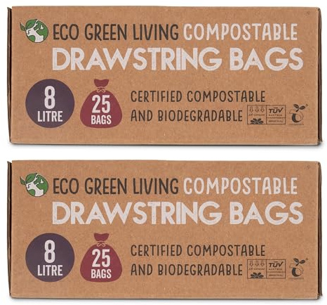 Eco Green Living 8L Compostable Bin Bags, Biodegradable, Plant-Based, Plastic-Free, Recyclable Drawstring Caddy Liners, Strong & Leak-Proof, Ideal for Office, Kitchen & Food Caddies, Duo Pack 50 Bags