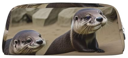 ASPOIJHN Otter Vielseitiges Leder-Federmäppchen, stilvolle Aufbewahrungstasche für Schule, Büro, Schreibwaren, Kosmetiktasche, Münzen, Organizer, silber, Einheitsgröße, Krawattenetui