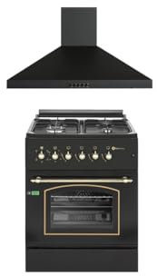 CONJUNTO PACK COCINA A GAS SOLTHERMIC HORNO ELÉCTRICO F6S40E5RB + CAMPANA 60 CM A JUEGO NEGRA RÚSTICA SIN BARRA DORADA 350m3/h