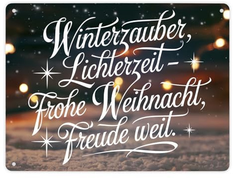 Winterzauber Lichterzeit Metallschild XL in 21x28 cm Winterzauber mit froher Kalligrafieschrift auf verschneitem Hintergrund und funkelnden Sternen
