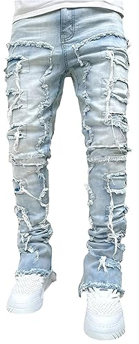 SANSIWU Stretch Fit Skinny Stacked Ripped Destroyed Y2K Patch Jeans for Men (A-Light Blue, L)