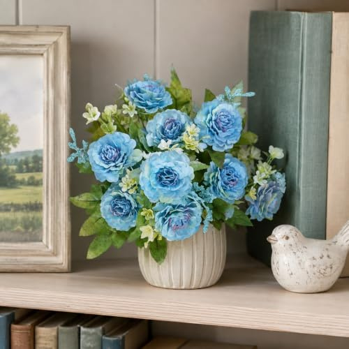 astylishome Flores artificiales para tumbas, flores artificiales azules, rosas azules artificiales, arreglos florales para mesa, baby shower, hogar, cocina, oficina, cafetería, decoración 0819