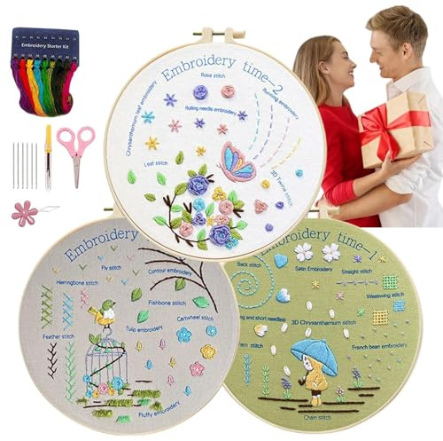 SVCEQZE Stickset,Stickset für Anfänger,3 Sets kreative Handstickerei | Schritt-für-Schritt-Anleitung, Nadelspitzen-Set, Nähset für Erwachsene, für Damen, Herren, Anfänger