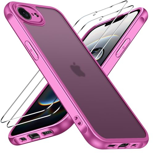 ivoler 3 in 1 Case for iPhone 17e/16e 2025 with 2 Pieces Tempered Glass Screen Protectors, Military Standard Shockproof Cell Phone Case, Matte Translucent Anti-Fingerprint Protective Case, Pink