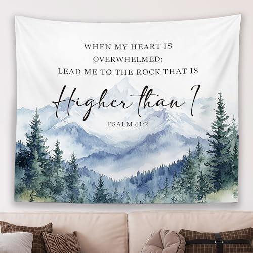 MNASAIOO Christian Mountian Woods Wall Tapestry Hanging for Bedroom, Bible Verse Scripture Psalm 61:2 Tapestry, Watercolor Religious Tapestries Wall Decor for Living Room Prayer Room Church 50x60in