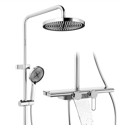 HOMELODY Sistema doccia con rubinetto e ripiano in vetro, cromato, set completo con 5 tipi di getto, soffione a pioggia e beccuccio inferiore, set doccia per bagno di casa