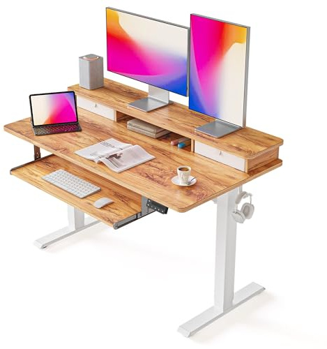 FEZIBO 48×24 Inchs, Adjustable Standing Desk - Whole-Piece Design with Drawers, Keyboard Tray & Storage Shelf, Light Rustic Top